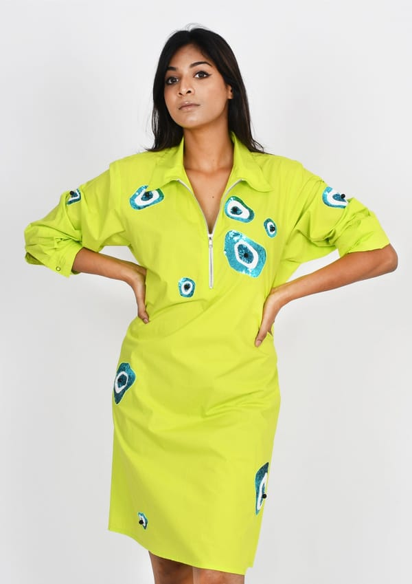 Neon Green One Piece Cotton Dress with Embroidery — Richa Goenka