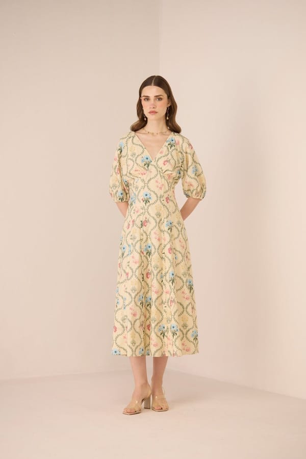 Botanical Lattice Floral Cotton V-Neck Fit and Flare Midi Dress — Calling June