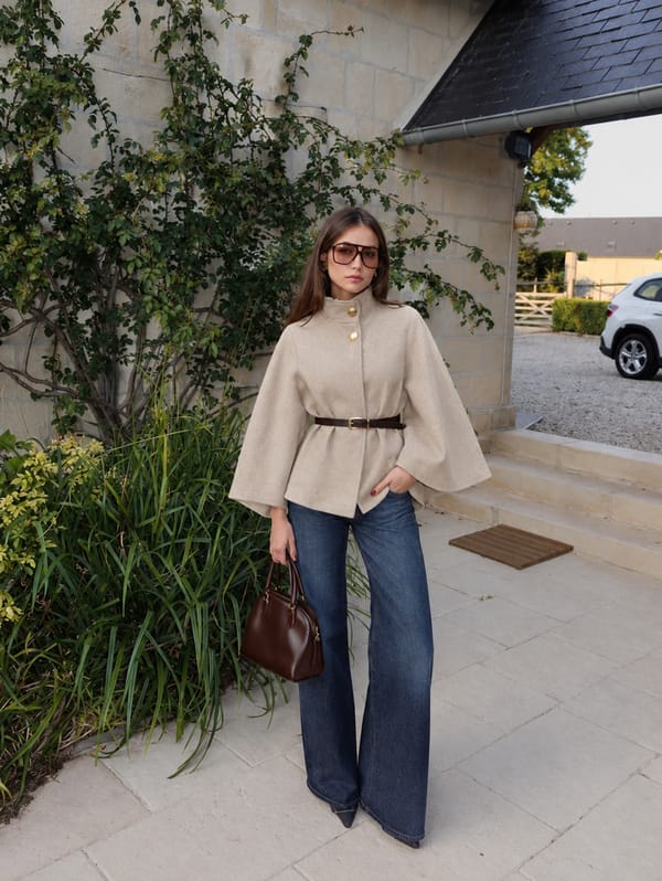 Beige Belted Cape Knit Jacket — LUSTRIN