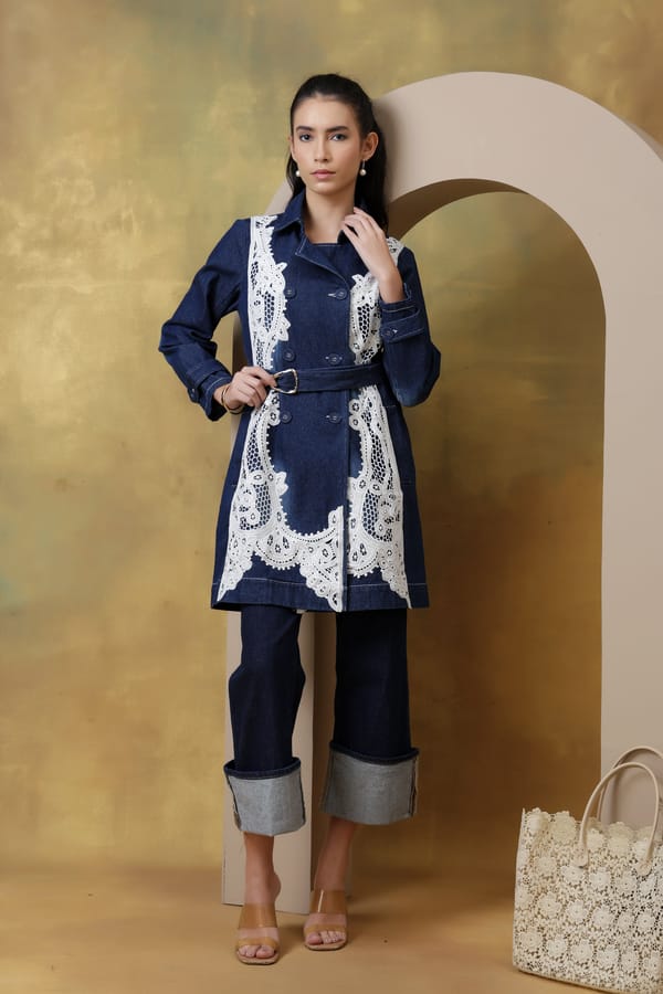 Dark Wash Denim Belted Coat with White Lace Appliqué — Rhe-Ana