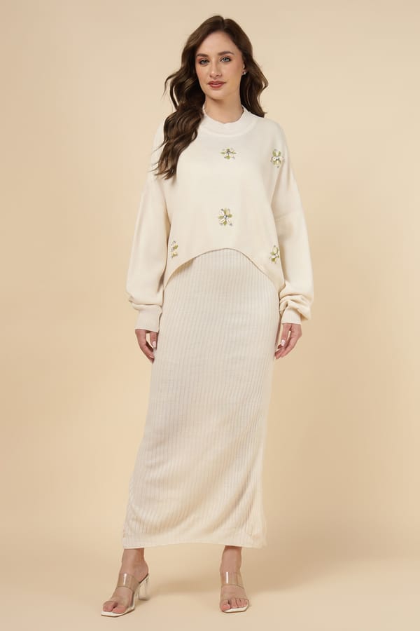 Ivory Rib-Knit Maxi Dress with Embellished Sweater — CHIP PEPPER
