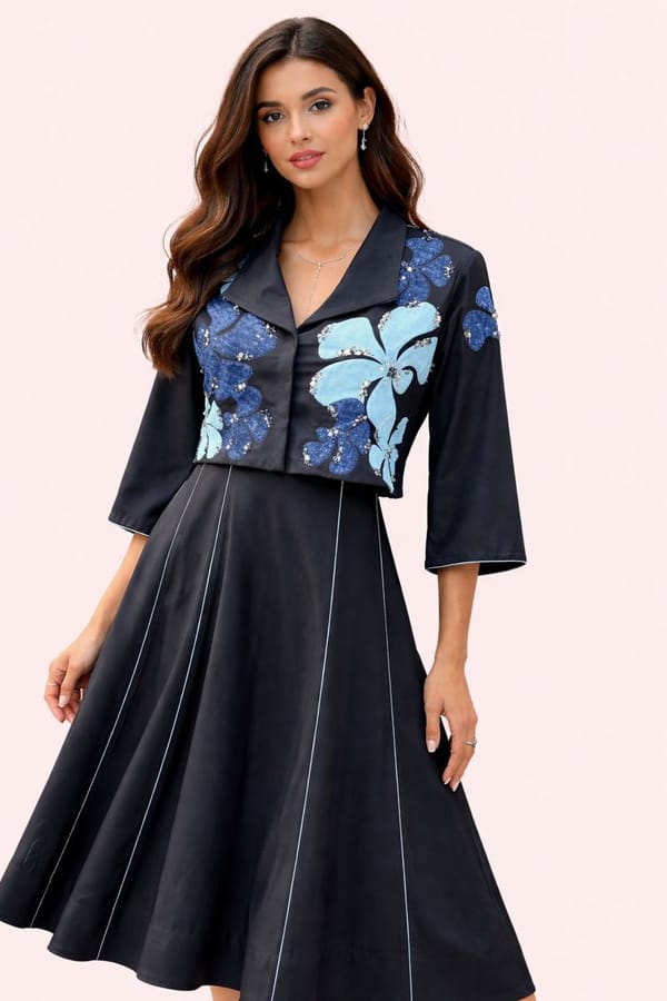 Black Suiting Midi Dress with Blue Floral Embroidery — Our Love