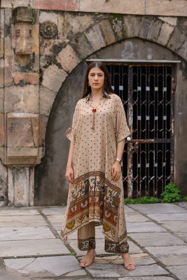 Beige Dot Ajrakh Print Kaftan Kurta Set — MAHEE JAIPUR