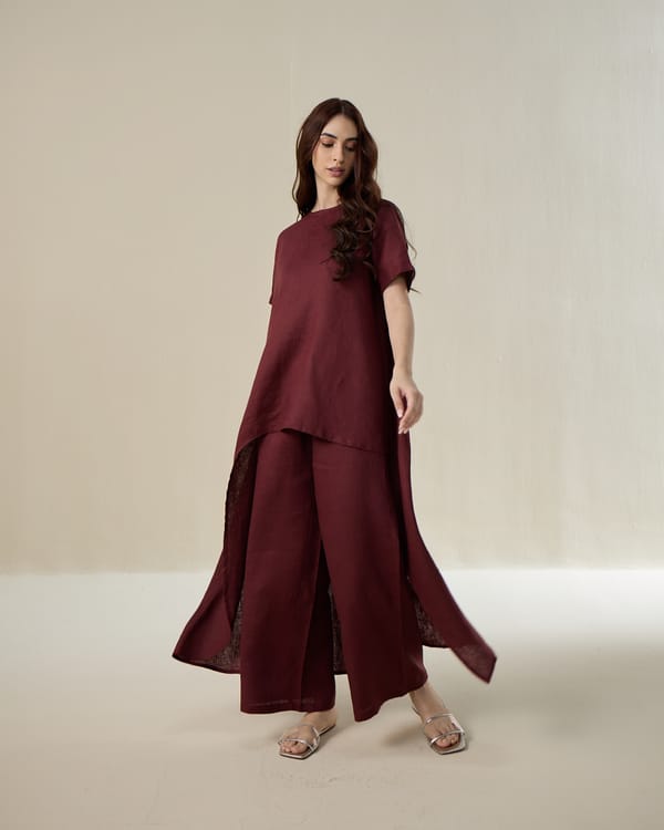 Wine Linen Asymmetric Tunic and Straight Pants Co-ord Set — AUR