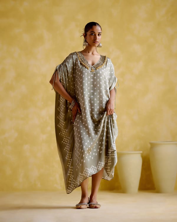 Grey Bandhani Kaftan with Embellished V-Neck — 5 Elements