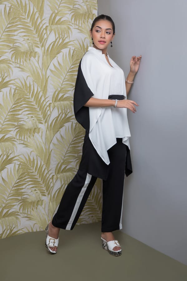 Black White Kaftan Top and Straight Pants Co-ord Set — Rhe-Ana