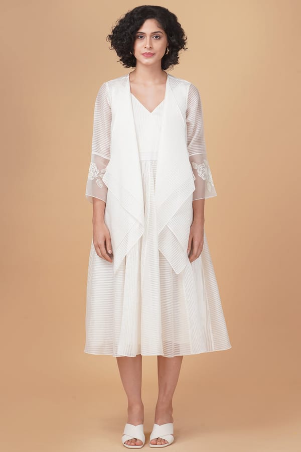 Ivory Stripe Organza Midi Dress and Draped Jacket Set — Arcvsh Pallavi Singh