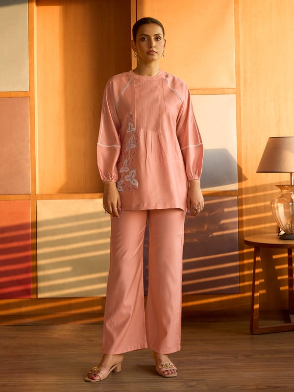 Peach Floral Embroidered Satin Co-ord Set — Truly SMA