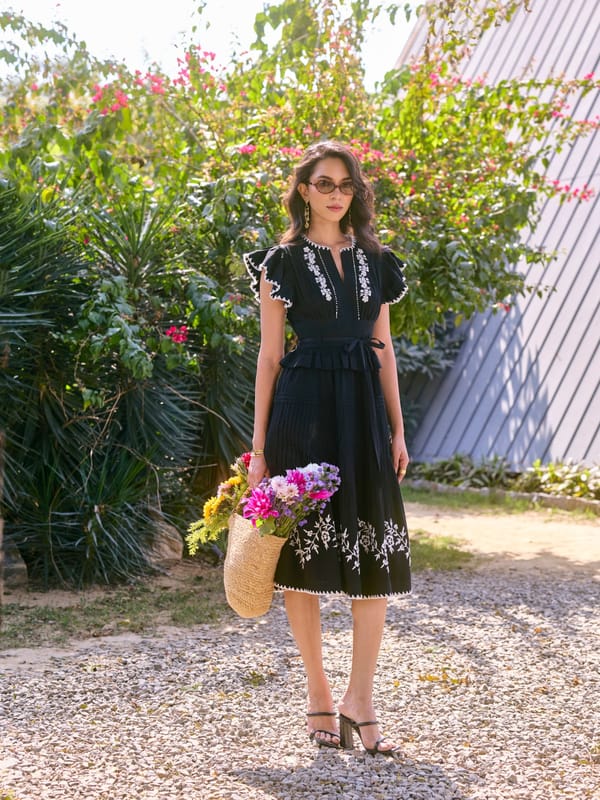 Black Embroidered Fit and Flare Midi Dress — Style Island