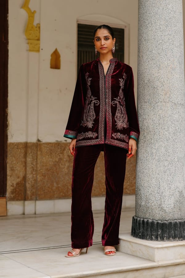 Wine Velvet Embroidered Co-ord Set with Wide-Leg Pants — INCHING INDIA