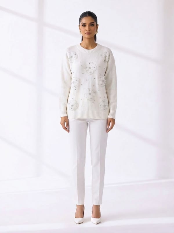 White Tonal Floral Embellished Pullover Sweater — HATUN ATILA