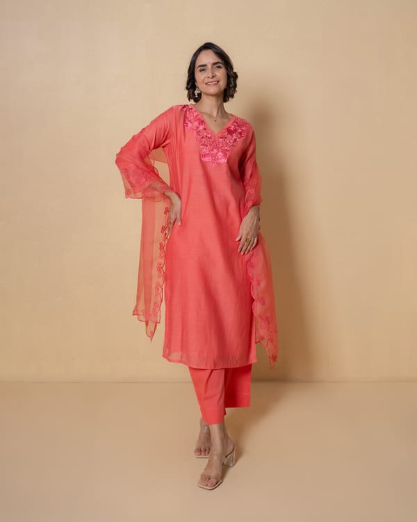 Sunset Coral Embroidered Chanderi Suit Set — Kameez