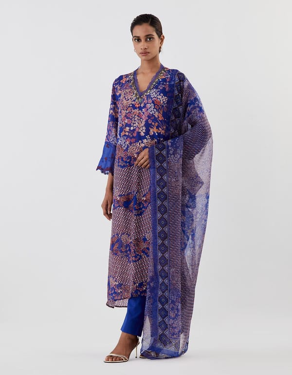 Blue Embroidered Neckline Cuffs Kurta Set — Kavita Bhartia