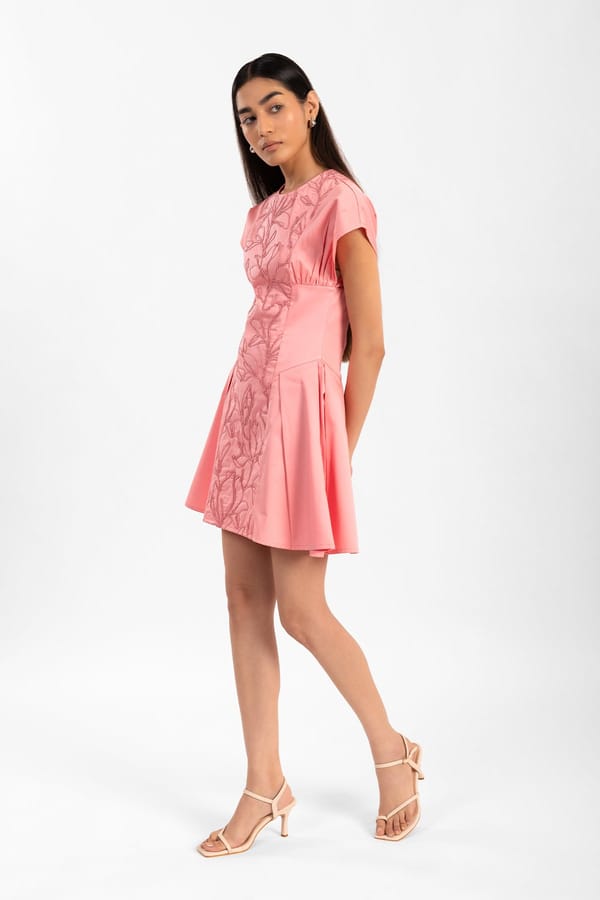 Pink Embroidered Fit and Flare Mini Dress — Contemponari