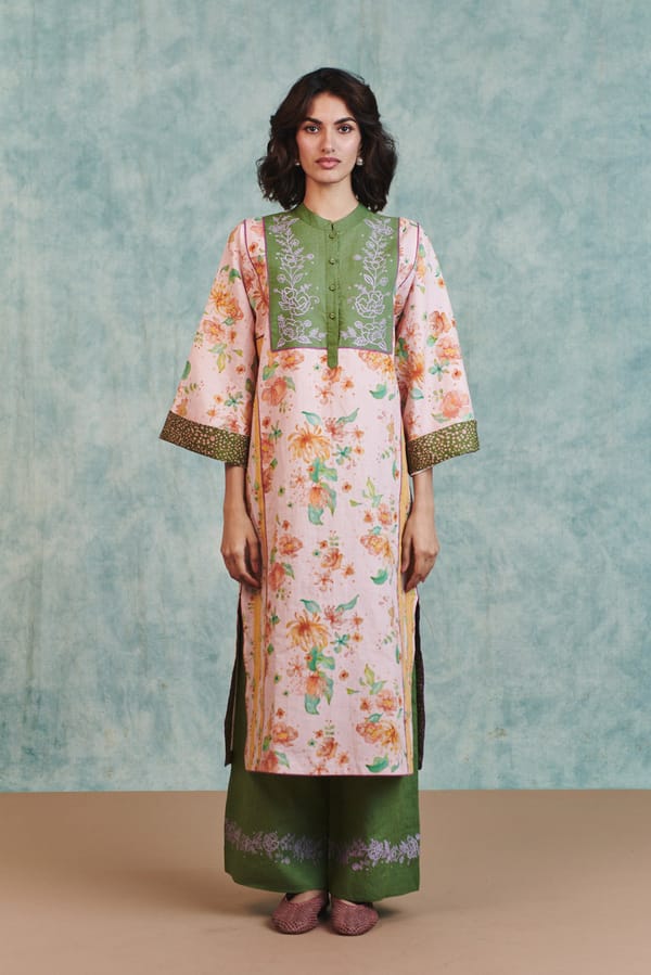 Flora Co-Linen Embroidered Multi-Panelled Kurta Set — Saphed
