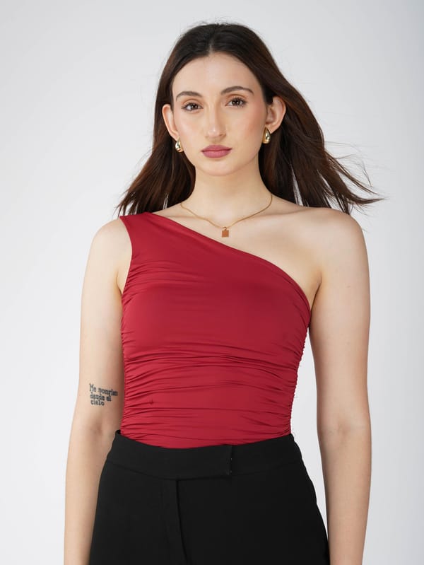 Red One Shoulder Bodysuit-Halo Bodysuit (Cherry) — Select Staples