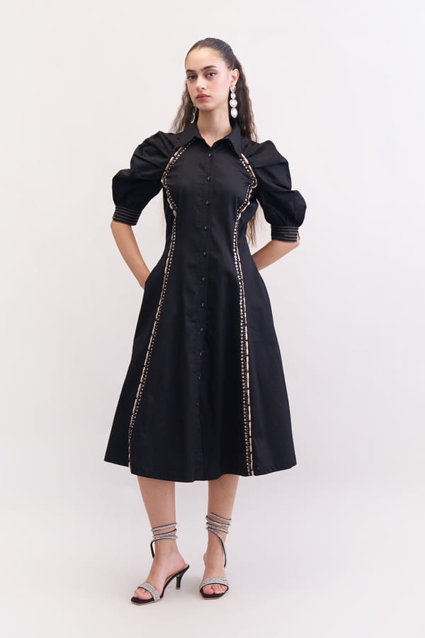 Black Cotton Satin Embellished Button-Down Midi Dress — Our Love