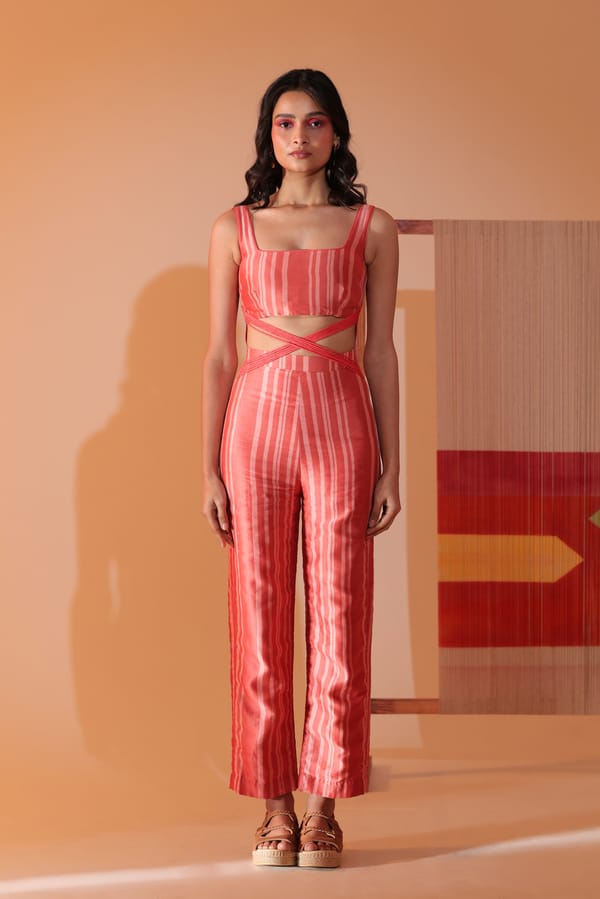 Coral Striped Cut-Out Waist Straight-Leg Jumpsuit — MANVI DAGA STUDIO
