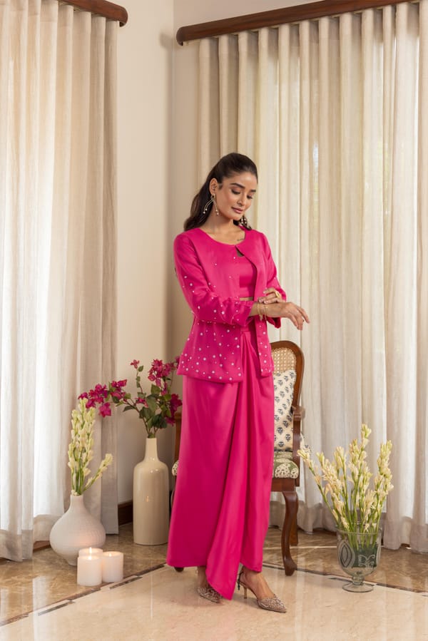 Hot Pink Satin 3-Piece Co-ord Set with Draped Maxi Skirt — Eko Clothing