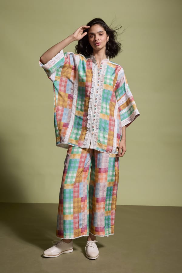 Multicolour Check Wide-Leg Pants with Lace Hem — Dash and Dot