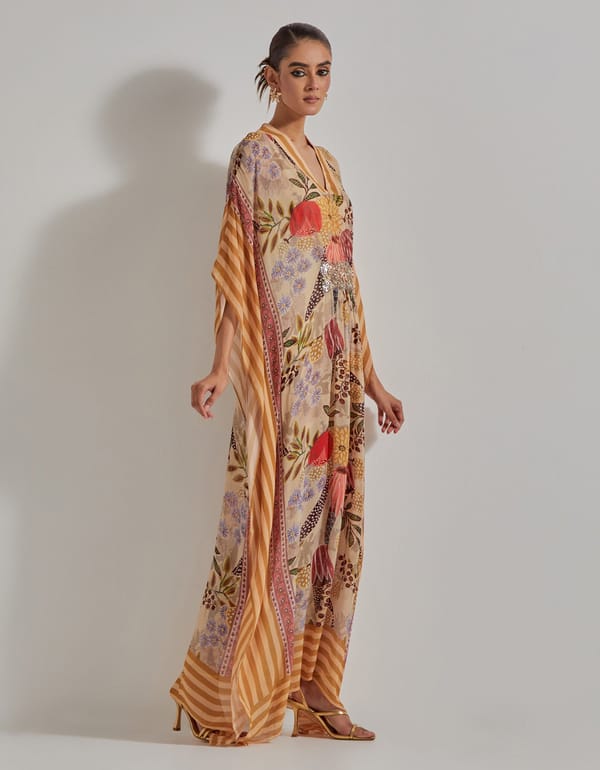 Beige Printed Georgette Maxi Kaftan with Embellished Waist — Kavita Bhartia