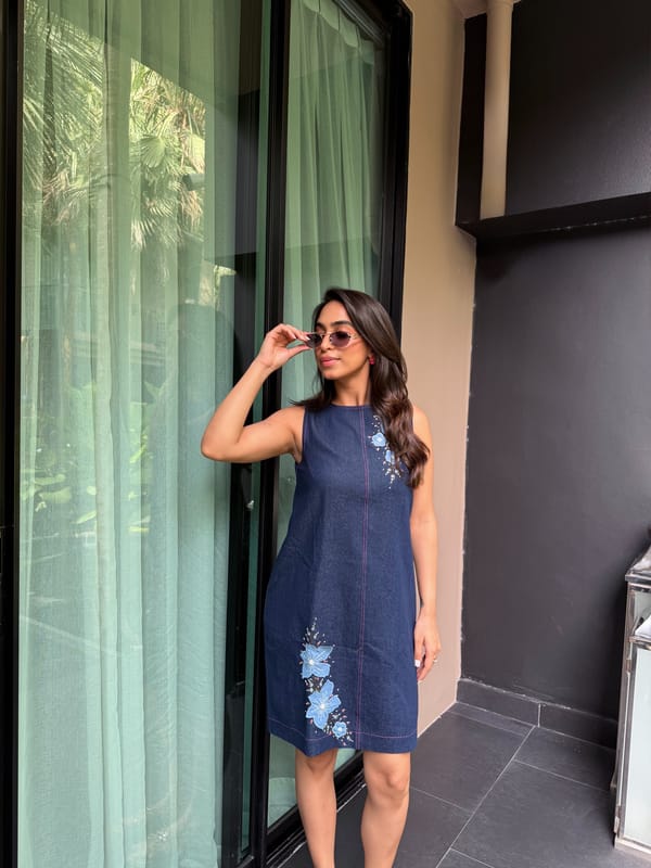Denim Blue Sleeveless Floral Appliqué Knee-Length Dress — Armoire
