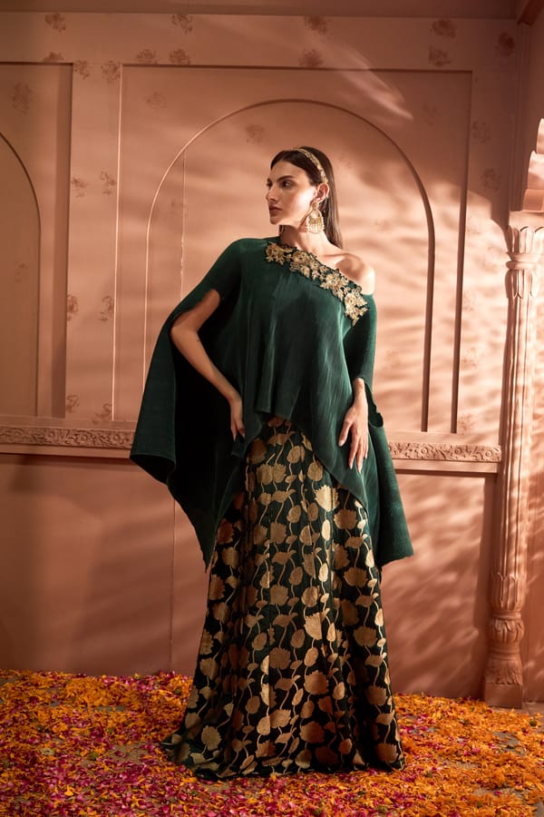 Green One-Shoulder Cape and Brocade Ghaghra Co-ord Set — TASUVURE