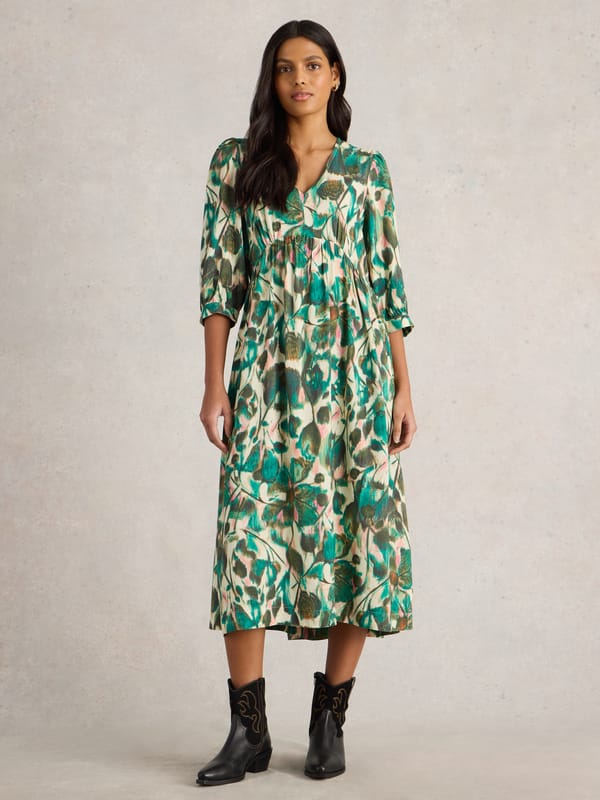 Green Print V-Neck Midi Dress with 3/4 Sleeves — White Stuff