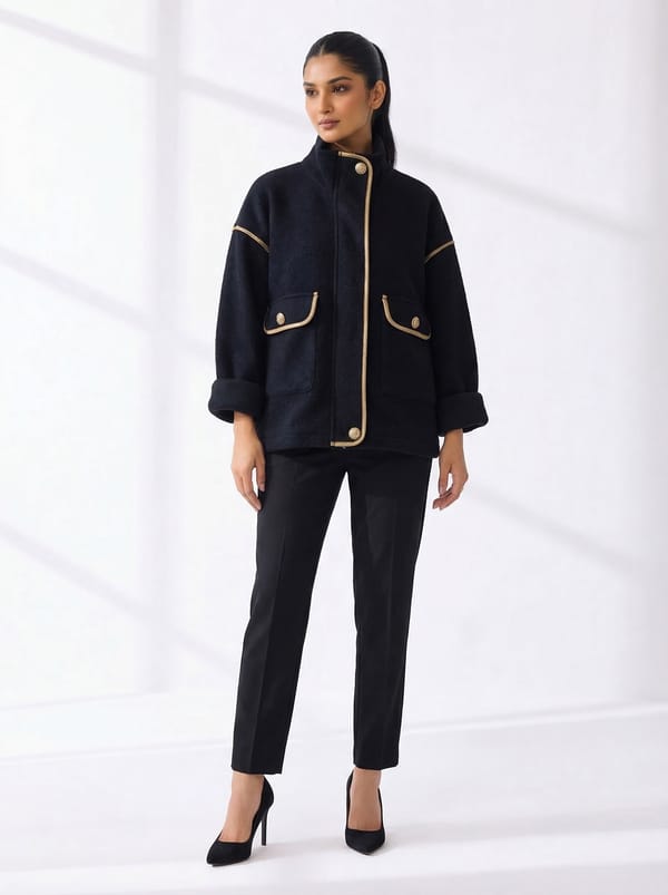 Black High-Neck Boxy Jacket with Contrast Piping — MnM