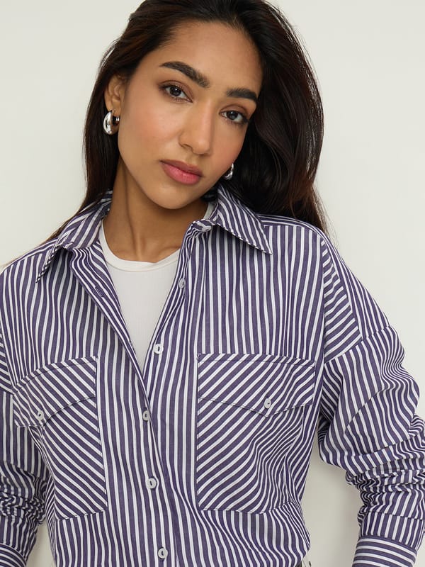 Purple Stripe Dual Pocket Oversized Shirt — Femmella