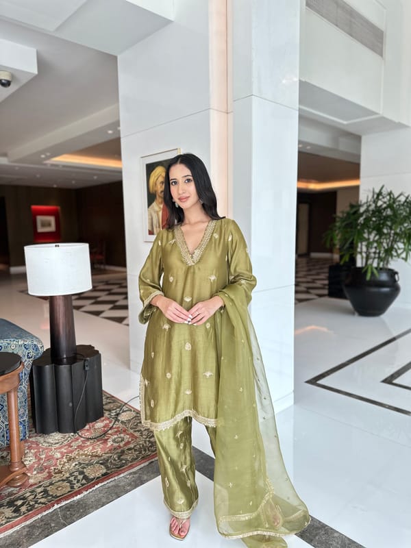 Olive Green Embroidered Suit Set — KAPAAS