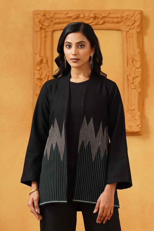 Black Longline Tweed Jacket with Geometric Hem Embroidery — NEETIKA CHOPRA