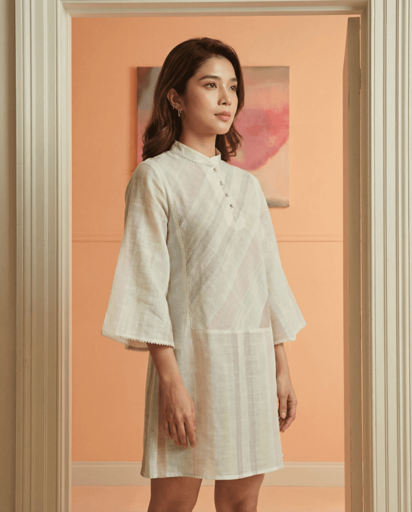 Pastel Striped Cotton Linen Mini Dress with Bell Sleeves — Sage by Mala