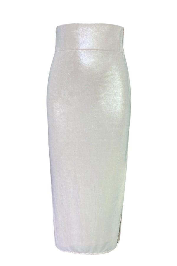 Ivory Shimmery High-Waist Pencil Midi Skirt — Dash and Dot