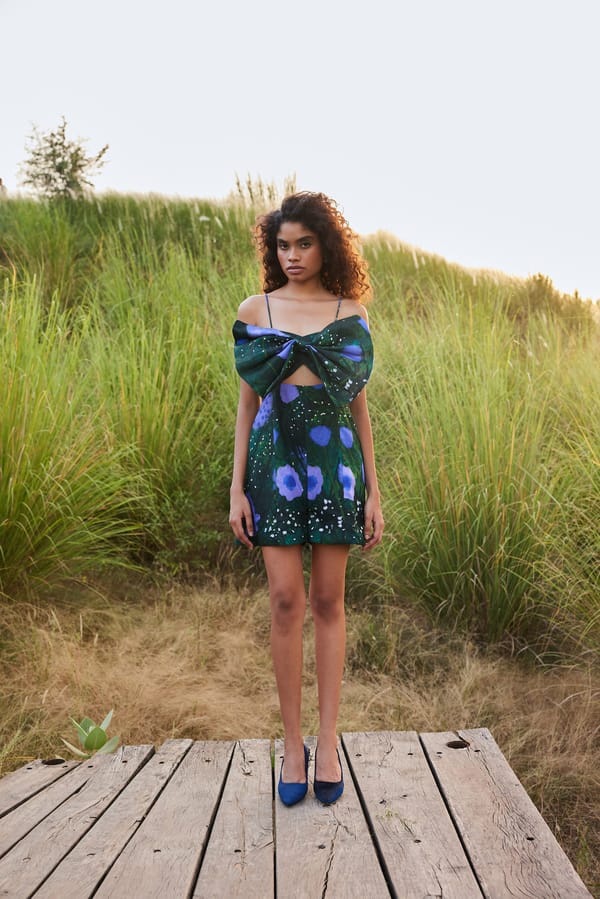 Purple and Dark Green Printed Bow Cutout Mini Jumpsuit — Zip by Payal Zinal