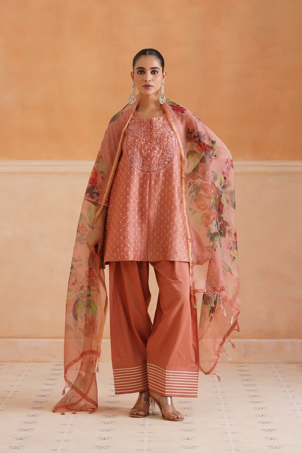Peach Blush Embroidered Chanderi Kurta Set with Dupatta — NEETIKA CHOPRA