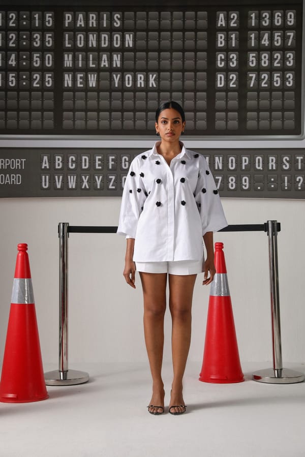 White Tencel Cotton Shirt with Black Floral Beadwork — Shivya K