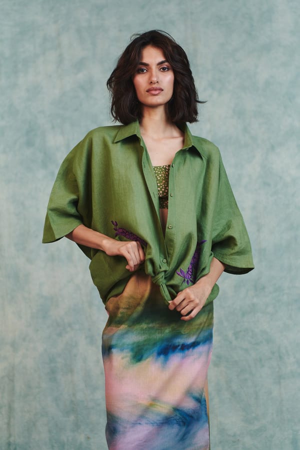 Moss Linen Applique Breeze Shirt — Saphed