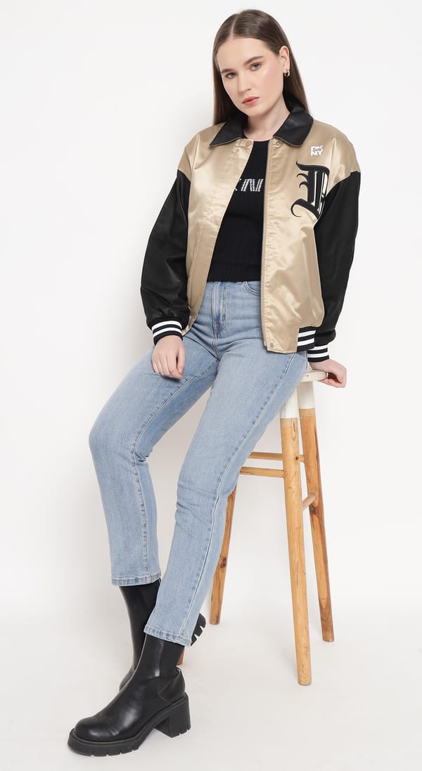 Beige and Black Colorblock Varsity Bomber Jacket — DKNY