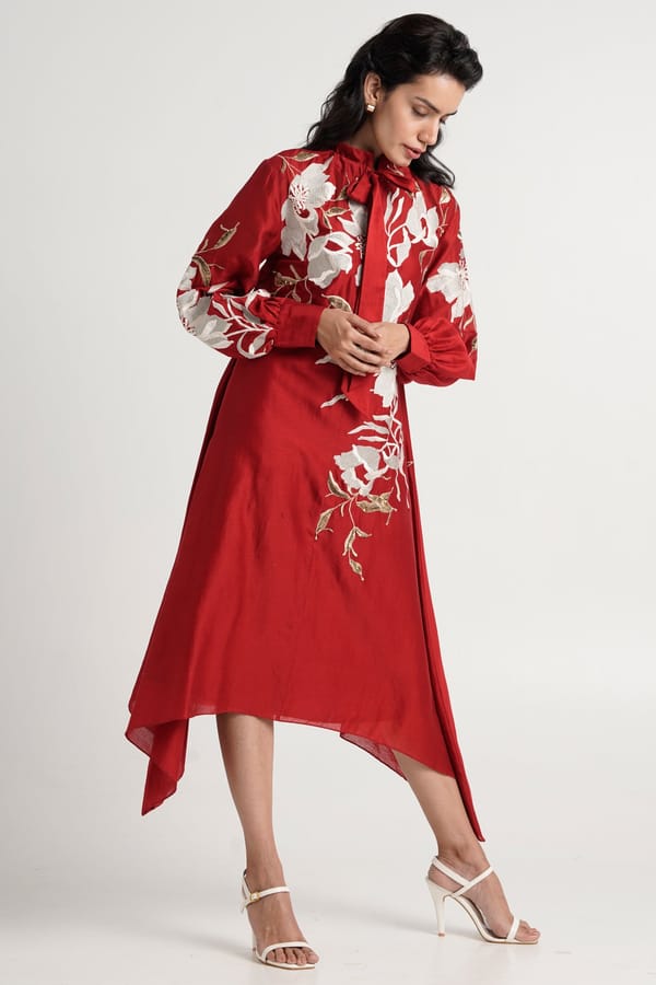 Red Embroidered Tie-Neck High-Low Midi Dress — Madder Much