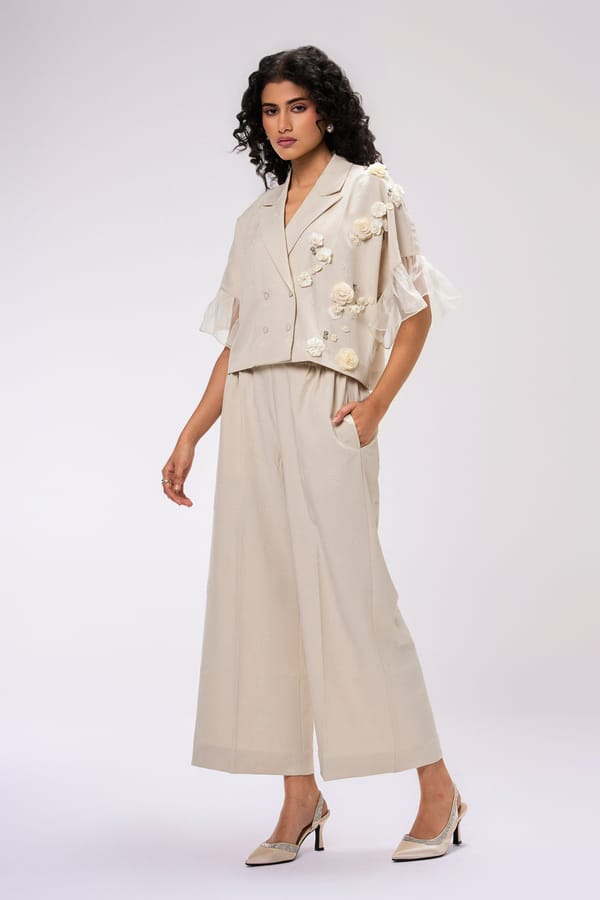 Pastel Beige Double-Breasted Shirt with 3D Floral Applique — KOR