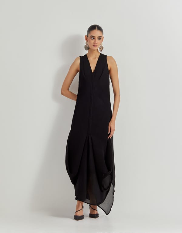 Black Crinkle Georgette Sleeveless Maxi Cowl Dress — Kavita Bhartia
