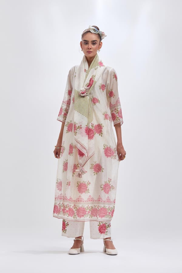 Off-White Floral Block Print Straight Kurta Set with Dupatta — Upavita