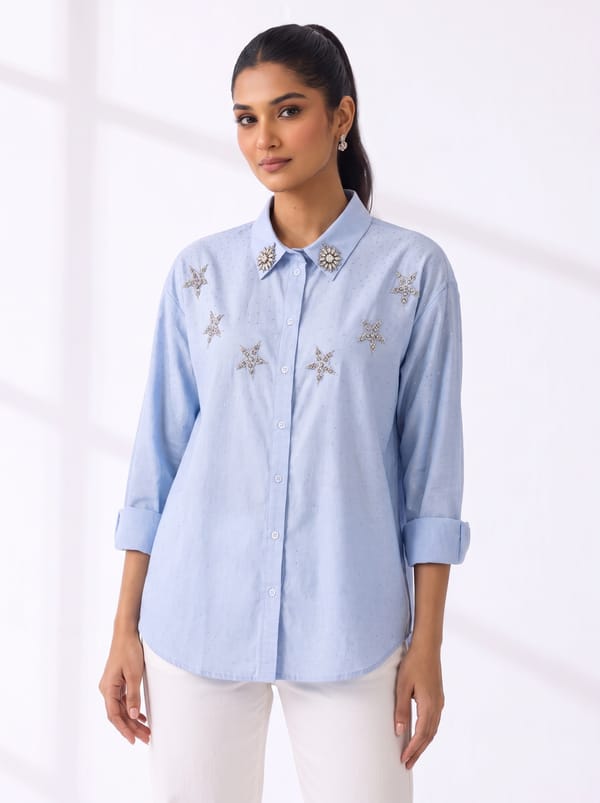 Sky Blue Cotton Star-Embellished Button-Down Shirt — THE LUXURY DRESSING