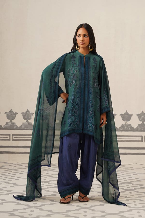 Dark Green and Blue Grey Printed Straight Kurta Set — NEETIKA CHOPRA