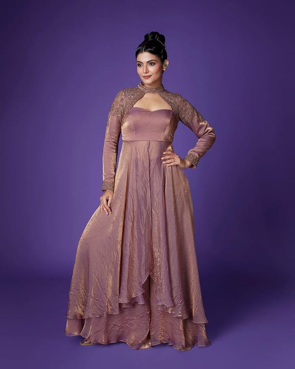 Champagne Gold Shimmer Tissue Anarkali Kurta Sharara Set — QUNIC