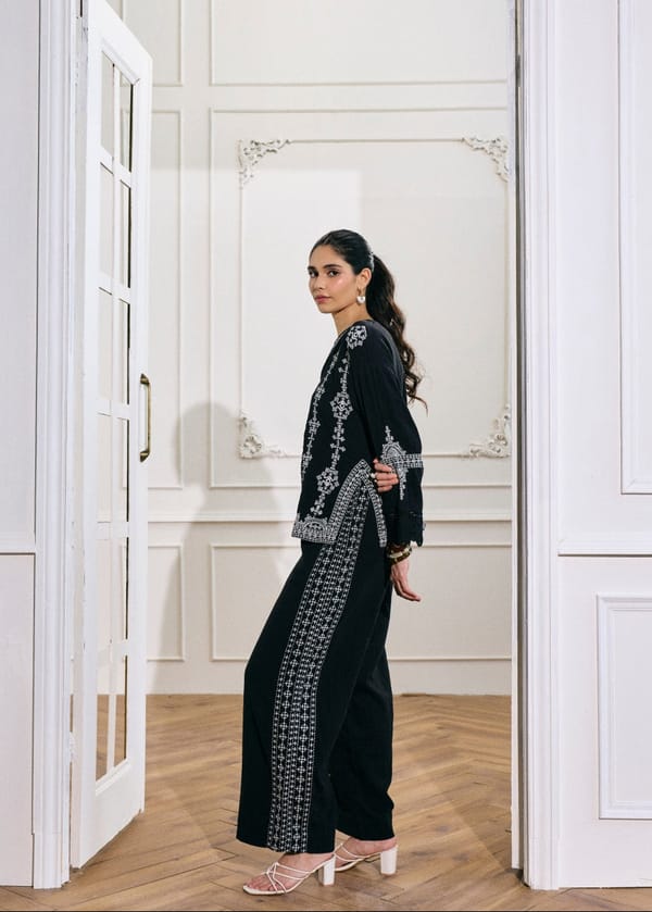Black Wide-Leg Cotton Pants with Contrast Side Embroidery — Style Island