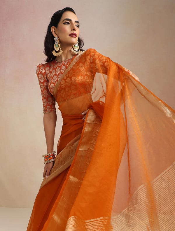 Rust Organza Saree With Unstitched Blouse — Truebrowns