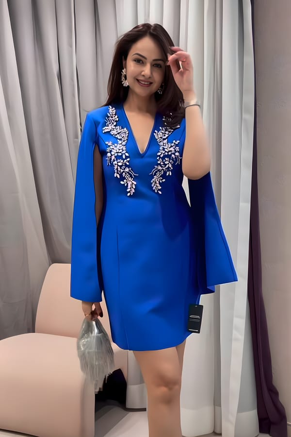 Cobalt Embellished Cape Sleeve Bodycon Mini Dress — KAREN MILLEN