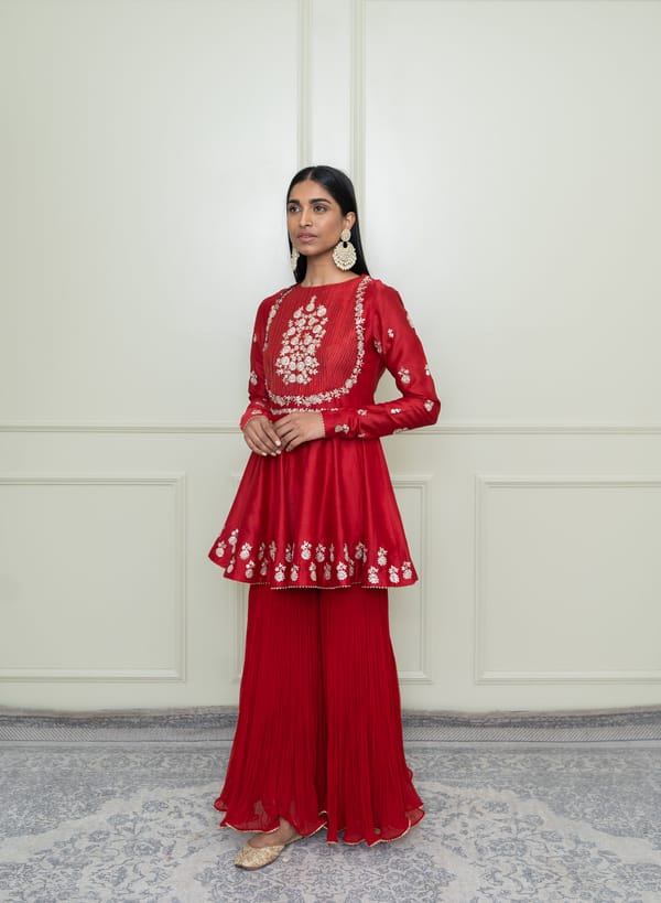 Scarlet Red Embroidered Peplum Kurta Gharara Set — Sheetal Batra